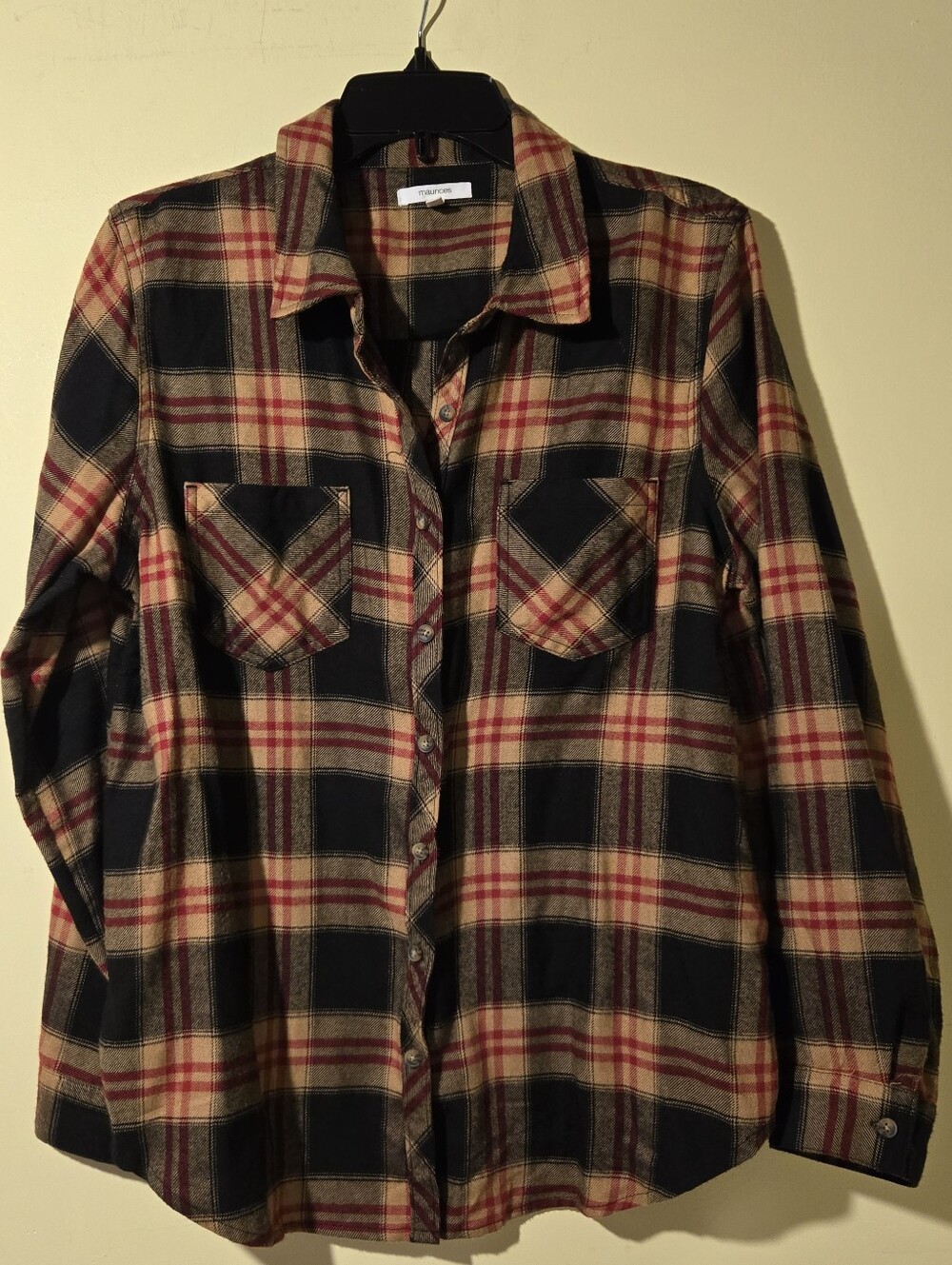 Maurices Women's Plaid Button-Down Shirt in Black, Tan & Red.